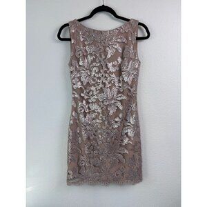 Dress the population women's small beige lace overlay fitted‎ mini party dress